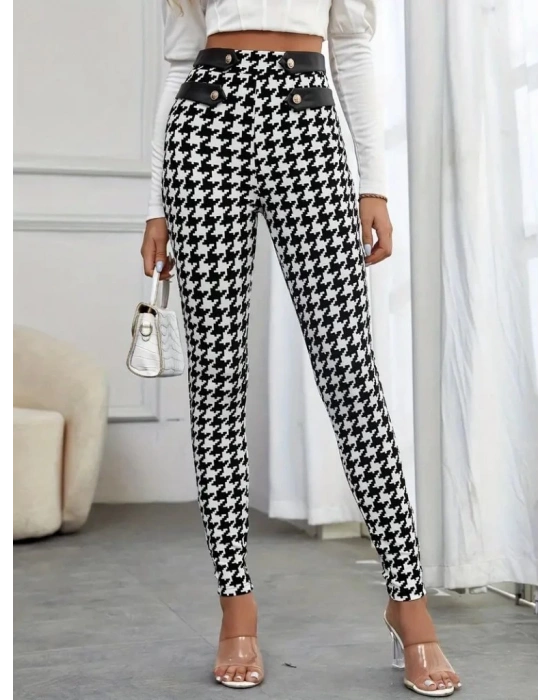 Kadın Yüksek Bel Kaz Ayağı Desenli Yan şerit Düğme Detaylı Dalgıç Pantolon