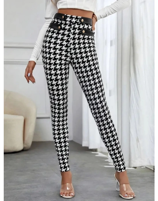 Kadın Yüksek Bel Kaz Ayağı Desenli Yan şerit Düğme Detaylı Dalgıç Pantolon