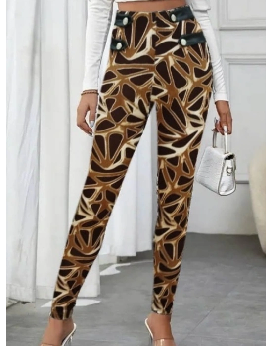 Kadın Yüksek Bel Kaz Ayağı Desenli Yan şerit Düğme Detaylı Dalgıç Pantolon