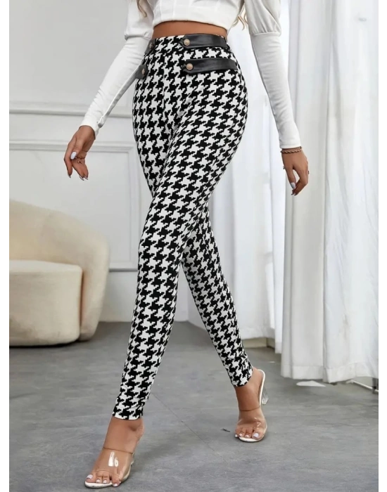 Kadın Yüksek Bel Kaz Ayağı Desenli Yan şerit Düğme Detaylı Dalgıç Pantolon