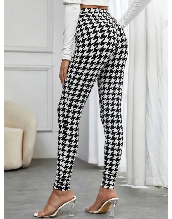 Kadın Yüksek Bel Kaz Ayağı Desenli Yan şerit Düğme Detaylı Dalgıç Pantolon