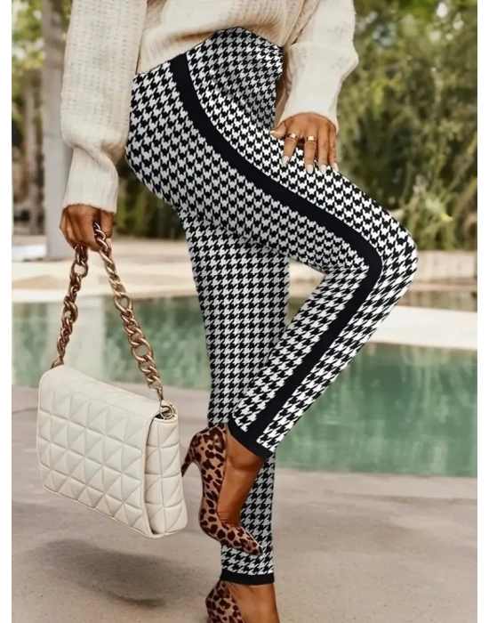 Kadın Yüksek Bel Kaz Ayağı Desenli Yanları şeritli Dalgıç Pantolon