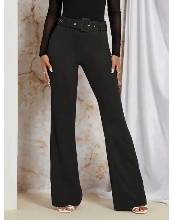 Kadın Yüksek Bel Kemerli Paçaya Doğru Genişleyen Ithal Krep Pantolon