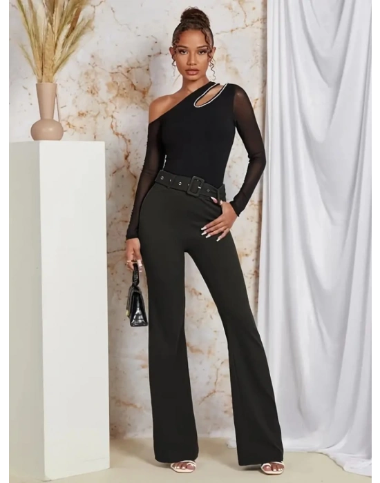 Kadın Yüksek Bel Kemerli Paçaya Doğru Genişleyen Ithal Krep Pantolon