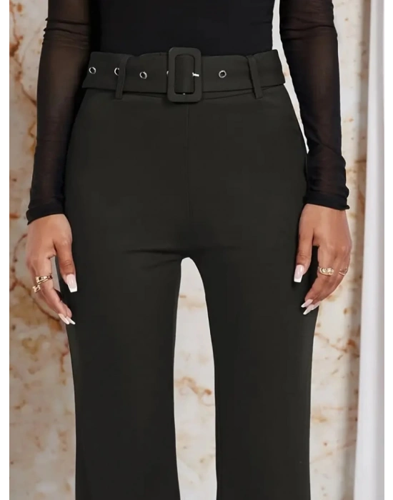 Kadın Yüksek Bel Kemerli Paçaya Doğru Genişleyen Ithal Krep Pantolon