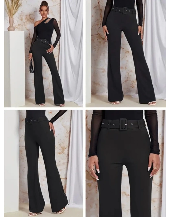 Kadın Yüksek Bel Kemerli Paçaya Doğru Genişleyen Ithal Krep Pantolon