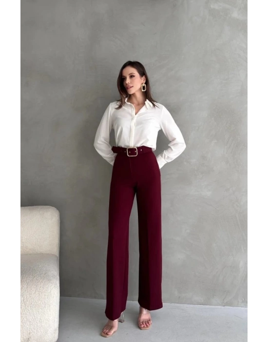 Kadın Yüksek Bel Krep Kumaş Full ikralı Ispanyol Paça Kemer Dahil Pantolon