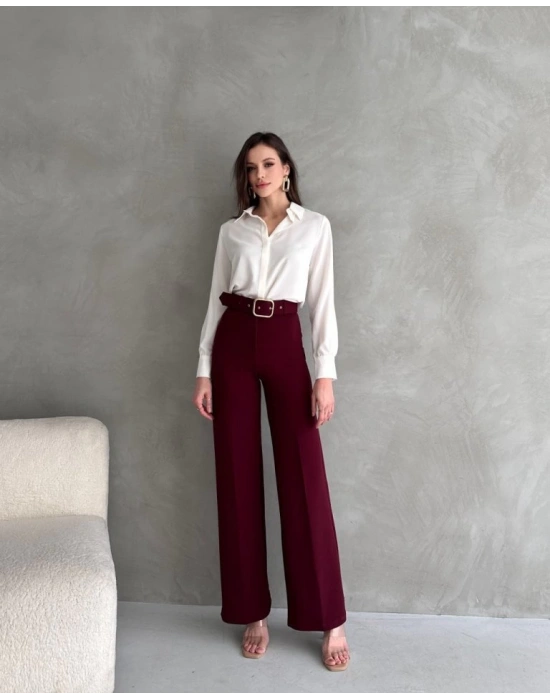 Kadın Yüksek Bel Krep Kumaş Full ikralı Ispanyol Paça Kemer Dahil Pantolon