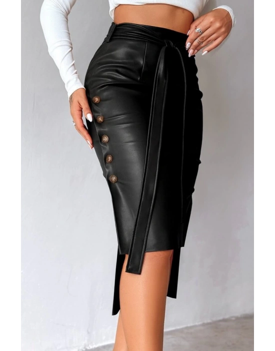Kadın Yüksek Bel Kuşaklı Yanlardan Düğmeli Mini Deri Etek