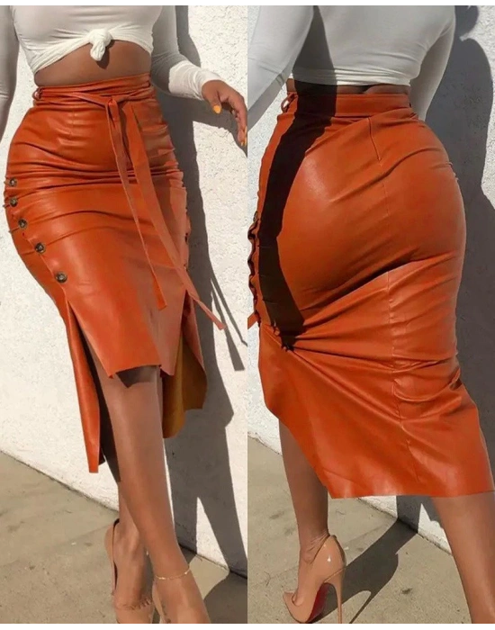 Kadın Yüksek Bel Kuşaklı Yanlardan Düğmeli Mini Deri Etek