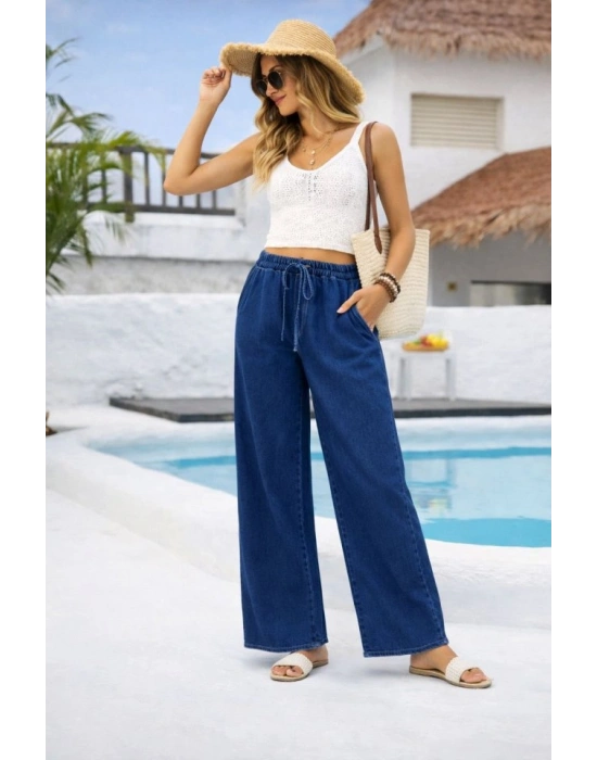 Kadın Yüksek Bel Lastik Detay Bol Paça Pantolon