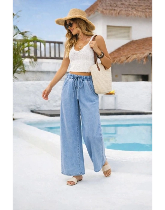 Kadın Yüksek Bel Lastik Detay Bol Paça Pantolon