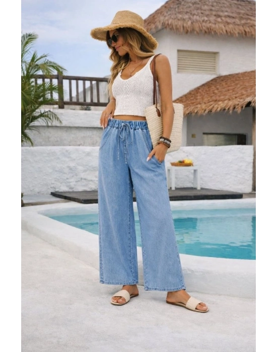 Kadın Yüksek Bel Lastik Detay Bol Paça Pantolon