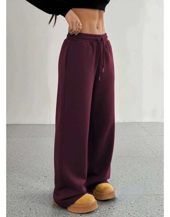 Kadın Yüksek Bel Lastikli Bağcıklı Geniş Kesim Dalgıç Mürdüm Pantolon