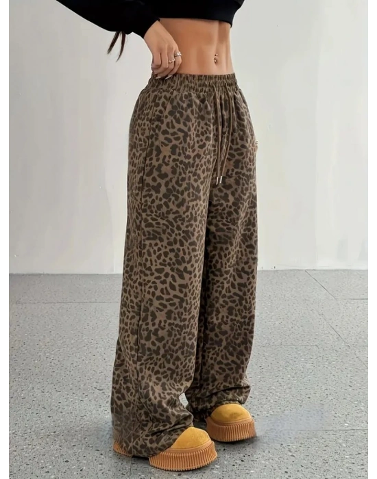 Kadın Yüksek Bel Lastikli Bağcıklı Geniş Kesim Iki Iplik Pantolon