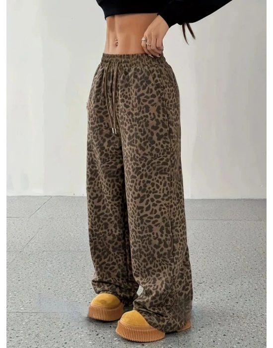 Kadın Yüksek Bel Lastikli Bağcıklı Geniş Kesim Iki Iplik Pantolon