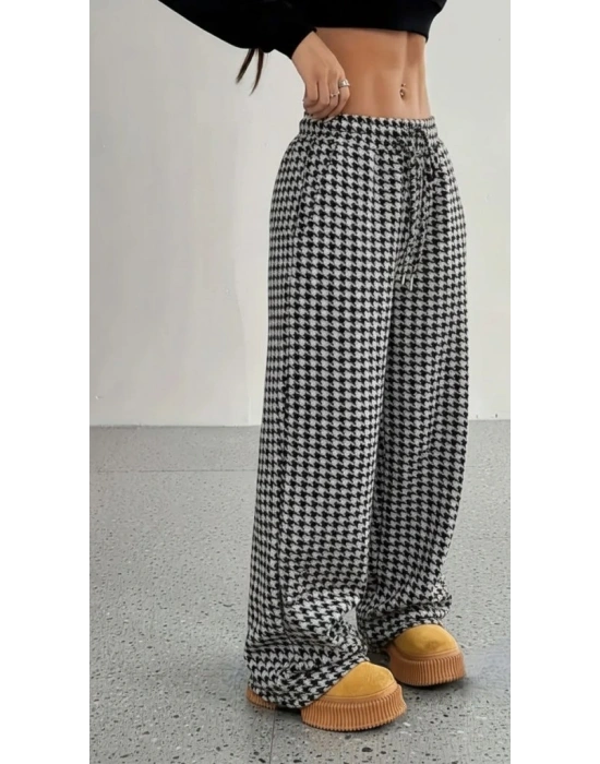 Kadın Yüksek Bel Lastikli Bağcıklı Geniş Kesim Kazayağı Dalgıç Pantolon