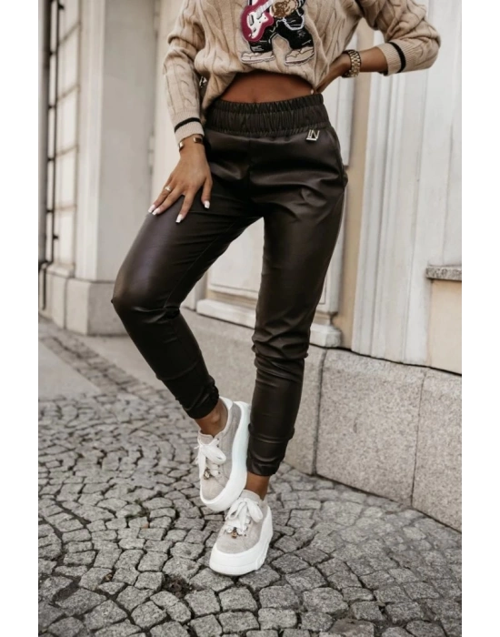 Kadın Yüksek Bel Lastikli Cepli Deri Pantolon