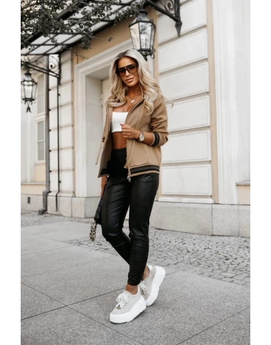 Kadın Yüksek Bel Lastikli Cepli Deri Pantolon