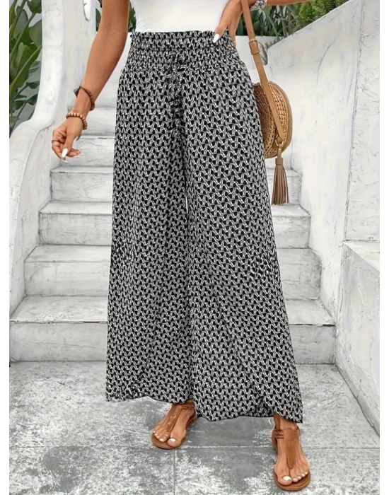 Kadın Yüksek Bel Lastikli önden Iki Parçalı Desenli Bürümcük Pantolon