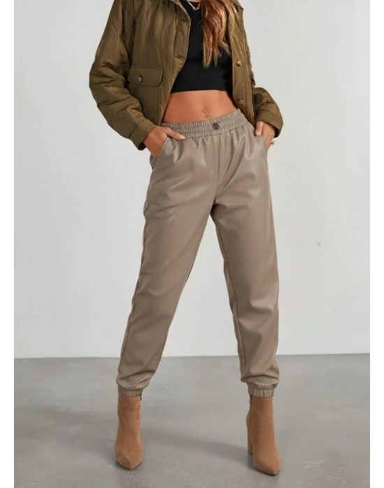 Kadın Yüksek Bel Lastikli önü Düğmeli Deri Pantolon