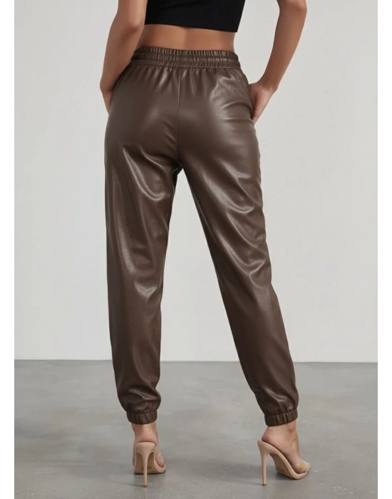 Kadın Yüksek Bel Lastikli önü Düğmeli Deri Pantolon