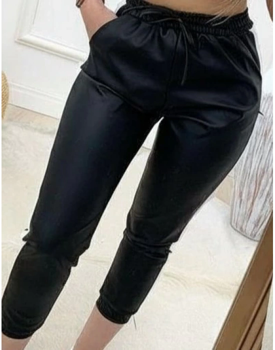 Kadın Yüksek Bel Lastikli Yan şerit Detaylı Deri Pantolon