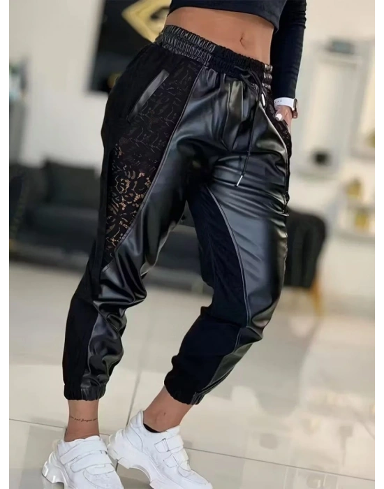 Kadın Yüksek Bel Lastikli Yanda Dantel Detaylı Bağcıklı Deri Pantolon