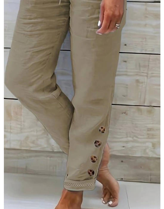 Kadın Yüksek Bel Lastikli Yandan Düğmeli Ithal Keten Pantolon