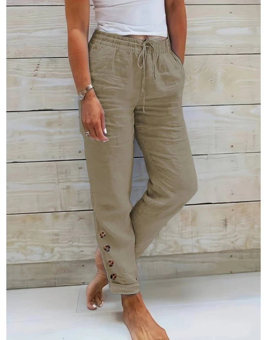 Kadın Yüksek Bel Lastikli Yandan Düğmeli Ithal Keten Pantolon
