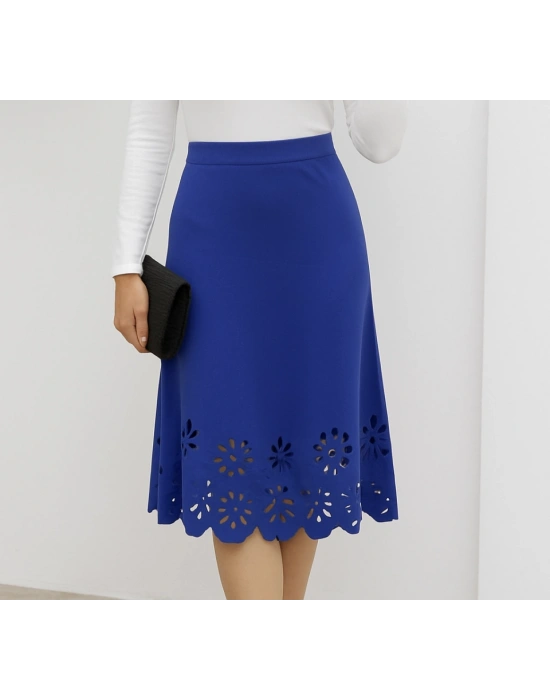 Kadın Yüksek Bel Lazer Kesim Detaylı Midi Ithal Krep Etek