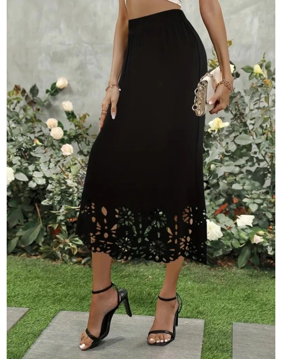 Kadın Yüksek Bel Lazer Kesim Detaylı Midi Ithal Krep Etek