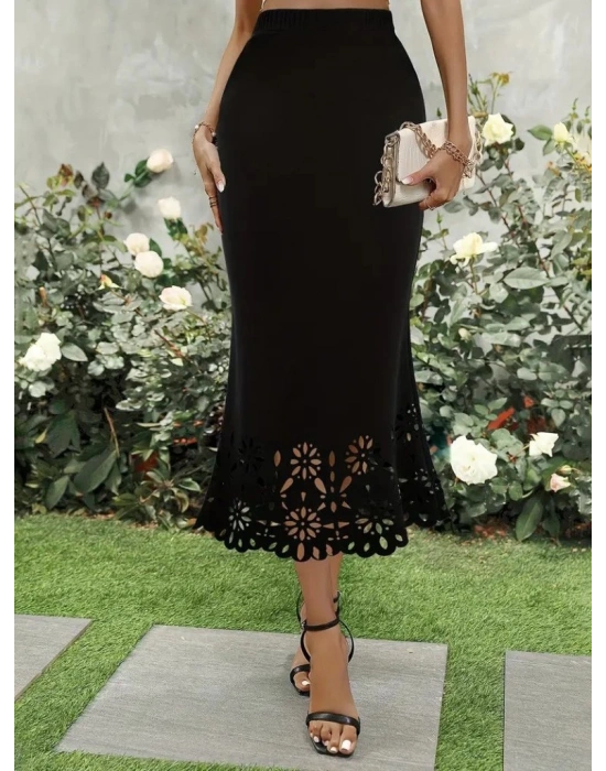 Kadın Yüksek Bel Lazer Kesim Detaylı Midi Ithal Krep Etek