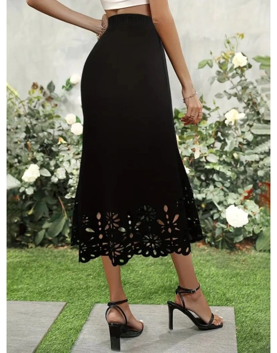 Kadın Yüksek Bel Lazer Kesim Detaylı Midi Ithal Krep Etek