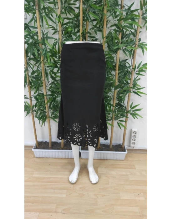 Kadın Yüksek Bel Lazer Kesim Detaylı Midi Ithal Krep Etek