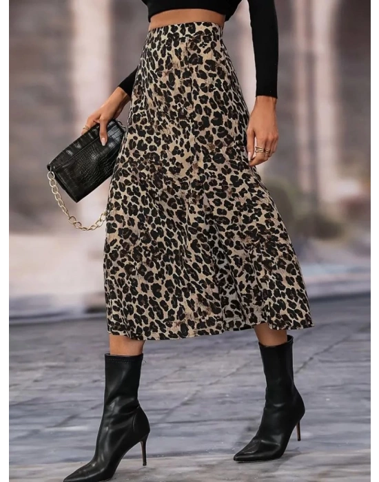 Kadın Yüksek Bel Leopar Desenli Midi Krep Etek