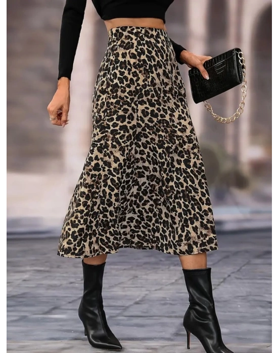 Kadın Yüksek Bel Leopar Desenli Midi Krep Etek