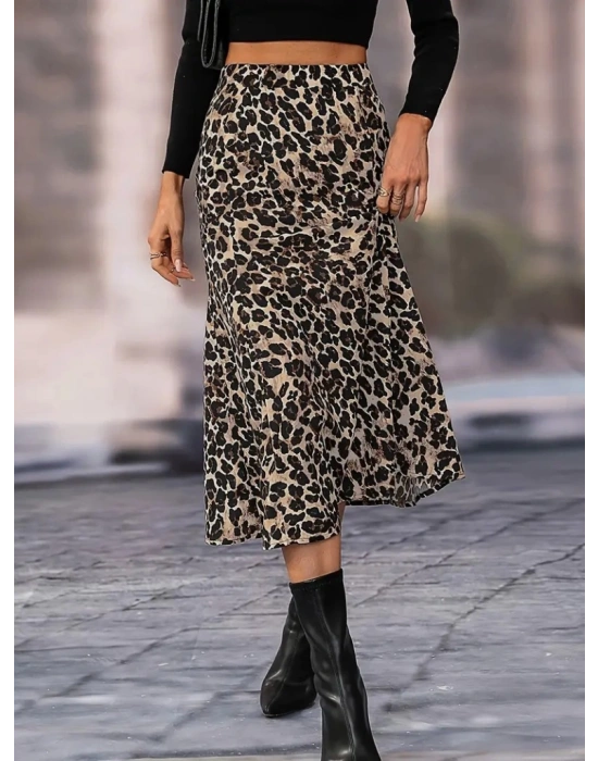 Kadın Yüksek Bel Leopar Desenli Midi Krep Etek