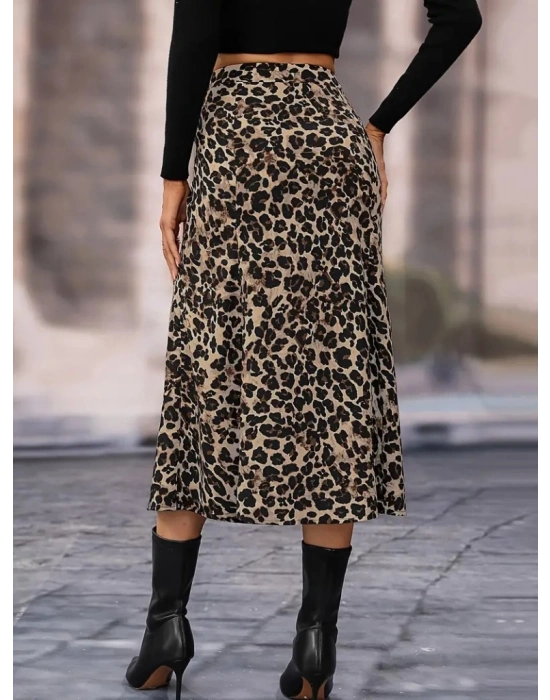 Kadın Yüksek Bel Leopar Desenli Midi Krep Etek