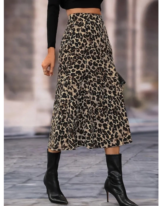 Kadın Yüksek Bel Leopar Desenli Midi Krep Etek