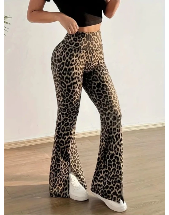 Kadın Yüksek Bel Leopar Desenli Yırtmaçlı Dalgıç Tayt