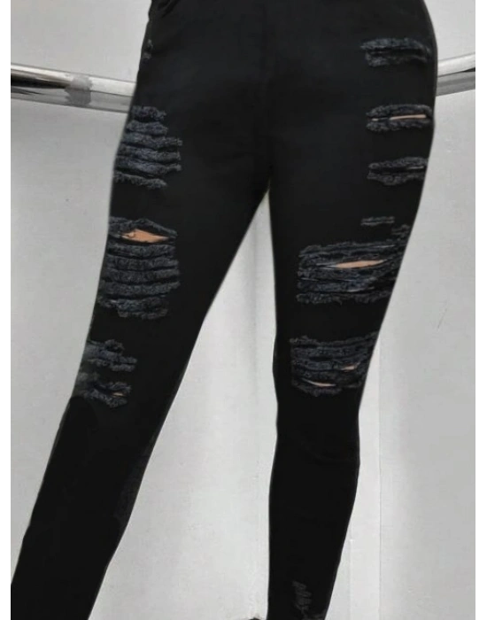 Kadın Yüksek Bel lim Fit Lazer Kesim Yırtık Detaylı Kot Pantolon/ Jean