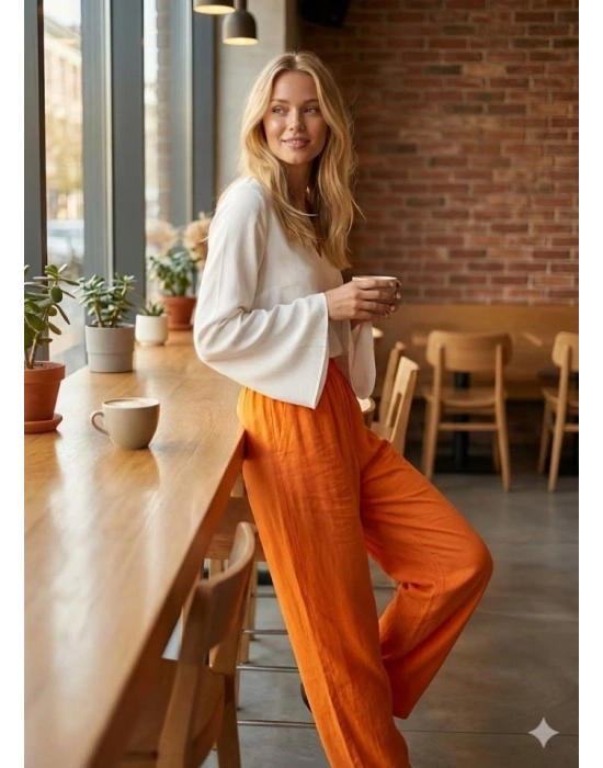 Kadın Yüksek Bel odal Kumaş Beli astik Detay Pantolon