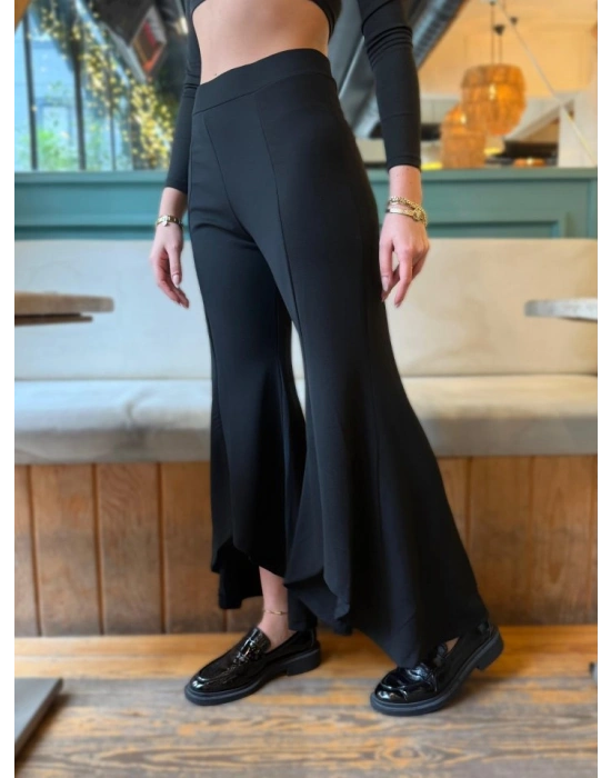 Kadın Yüksek Bel önden Arkaya Uzanan Volanlı Paçalı Janjan Krep Pantolon