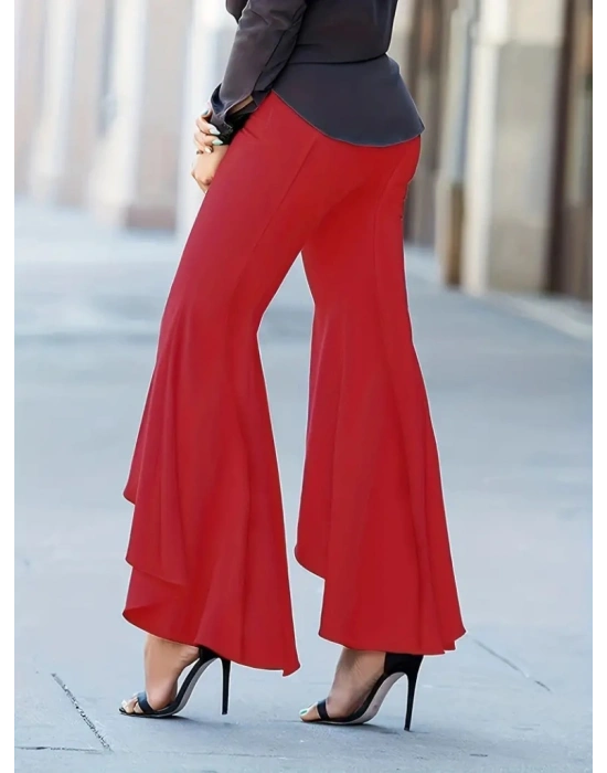 Kadın Yüksek Bel önden Arkaya Uzanan Volanlı Paçalı Janjan Krep Pantolon