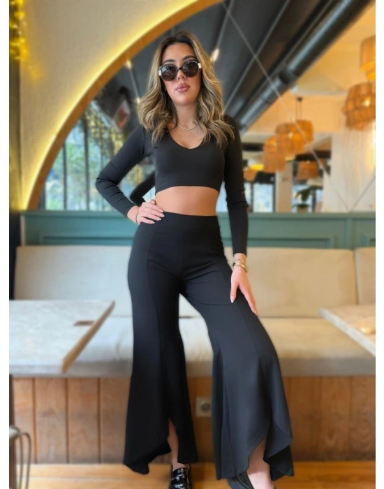 Kadın Yüksek Bel önden Arkaya Uzanan Volanlı Paçalı Janjan Krep Pantolon