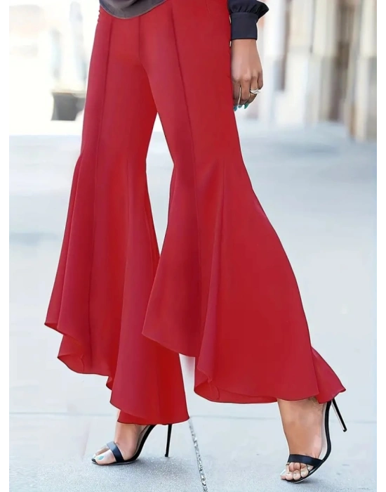 Kadın Yüksek Bel önden Arkaya Uzanan Volanlı Paçalı Janjan Krep Pantolon