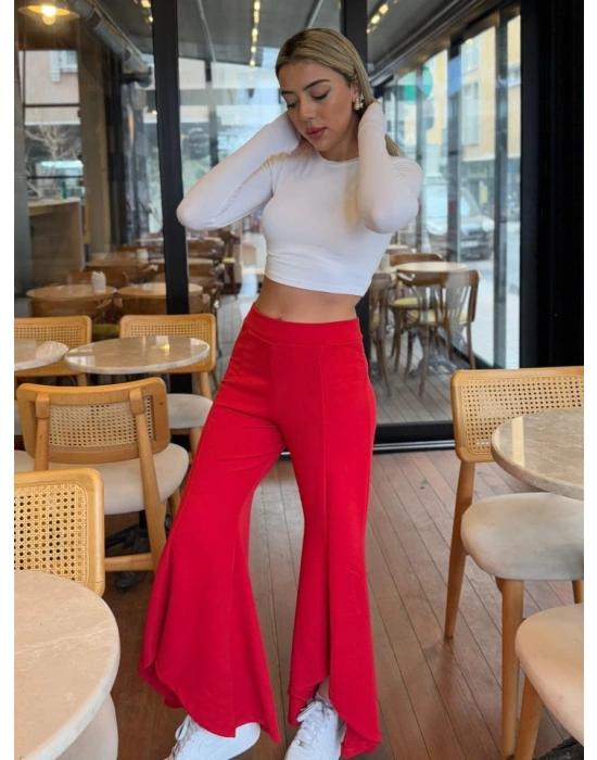 Kadın Yüksek Bel önden Arkaya Uzanan Volanlı Paçalı Janjan Krep Pantolon