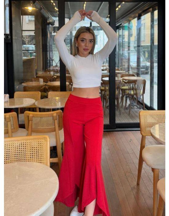 Kadın Yüksek Bel önden Arkaya Uzanan Volanlı Paçalı Janjan Krep Pantolon