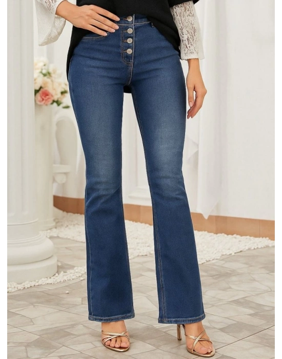 Kadın Yüksek Bel önden Düğmeli Cep Detay Ispanyol Paça Denim Pantolon